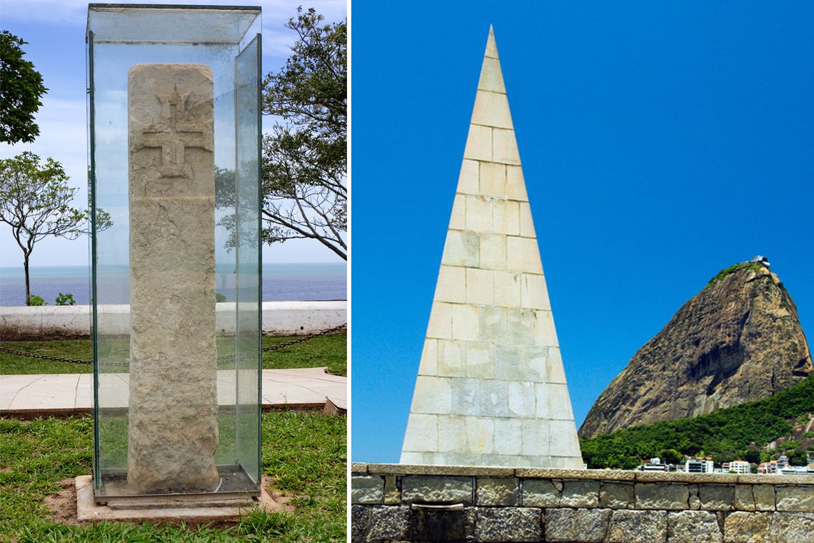 Marco dos Descobrimentos Portugueses em Porto Seguro (BA) e Monumento feito por Lucio Costa em homenagem a Estácio de Sá, voltado, em uma das pontas, para o marco zero da cidade do Rio de Janeiro (RJ)