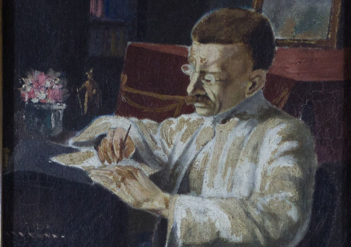 Detalhe de pintura a óleo sobre tela retratando o escritor maranhense Coelho Neto, pertencente ao acervo da Biblioteca Nacional. Autor desconhecido